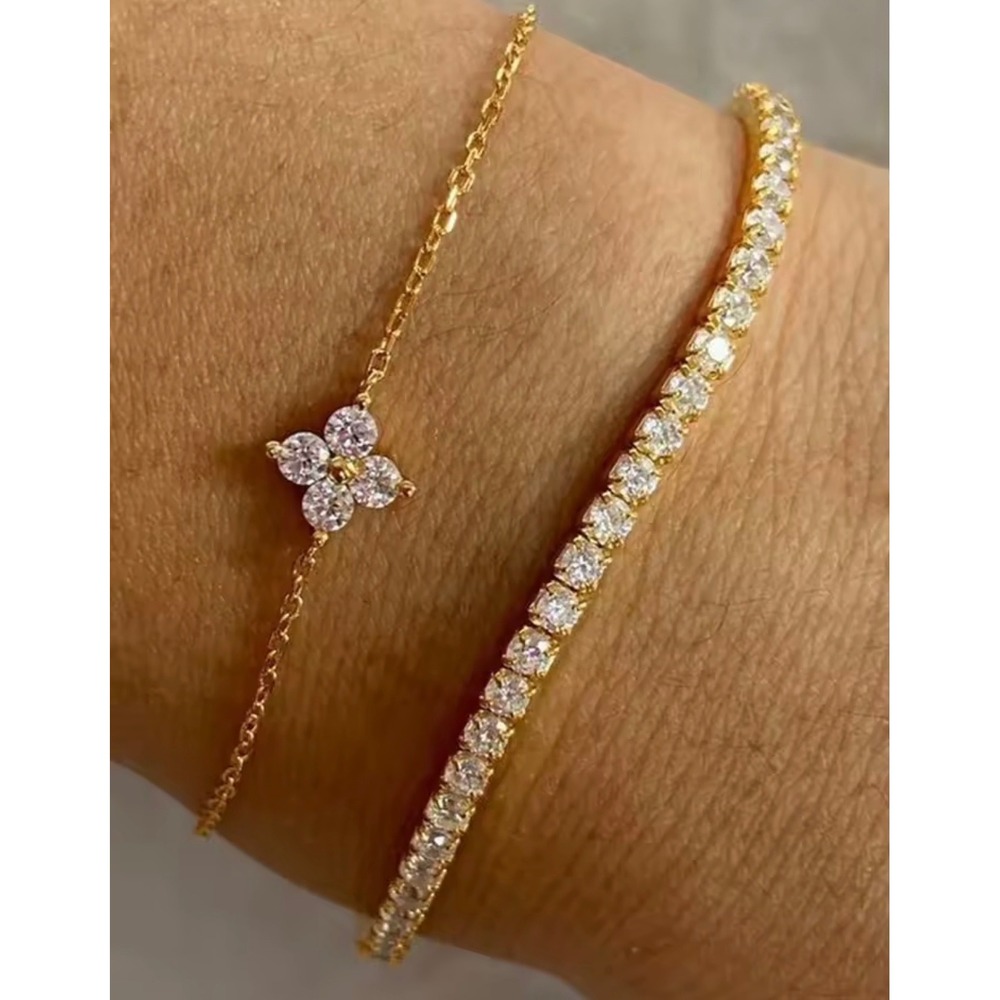 Gold Tone Tennis Bracelet and Clover Charm Bracelet Set 2 Piece Clear Crystal